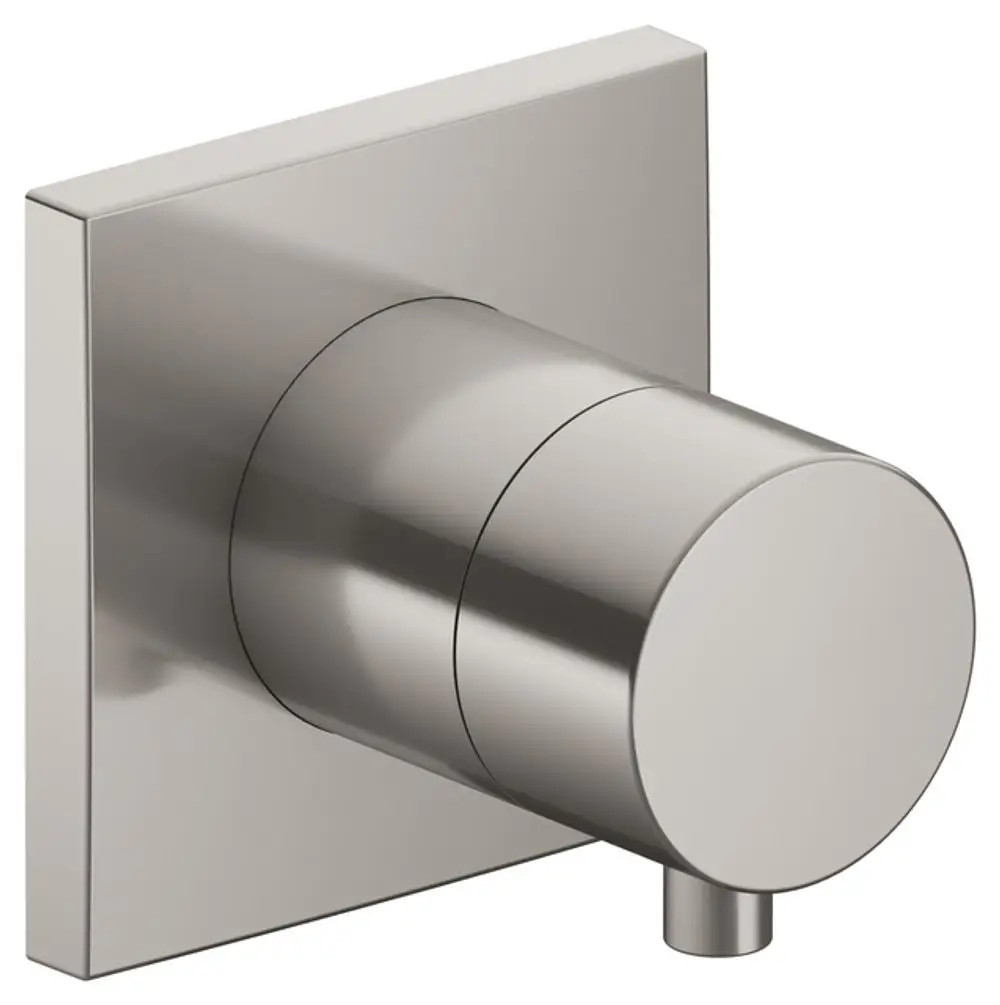 Absperrventil von Keuco mit rundem Bedienknopf und quadratischem Wandanschluss, aus Edelstahl-Finish. Design für moderne Badezimmeranwendungen.